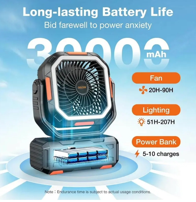 30000mAh Rechargeable Camping Fan with LED Lights, 270° Pivot & Remote Control – Portable Shaking Head Desk Fan for Tent, Travel, Home & Outdoor Use