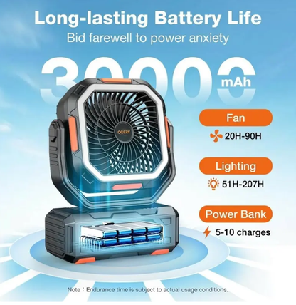 30000mAh Rechargeable Camping Fan with LED Lights, 270° Pivot & Remote Control – Portable Shaking Head Desk Fan for Tent, Travel, Home & Outdoor Use