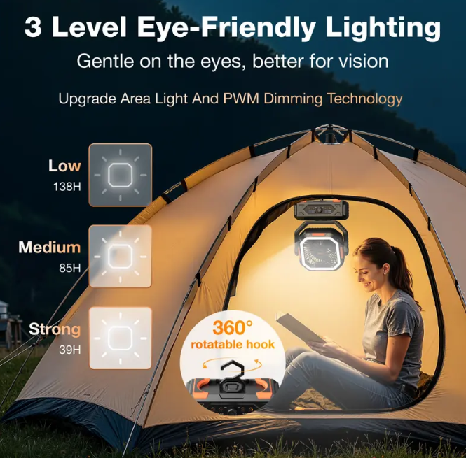30000mAh Rechargeable Camping Fan with LED Lights, 270° Pivot & Remote Control – Portable Shaking Head Desk Fan for Tent, Travel, Home & Outdoor Use