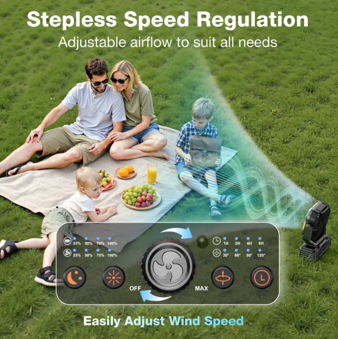 30000mAh Rechargeable Camping Fan with LED Lights, 270° Pivot & Remote Control – Portable Shaking Head Desk Fan for Tent, Travel, Home & Outdoor Use