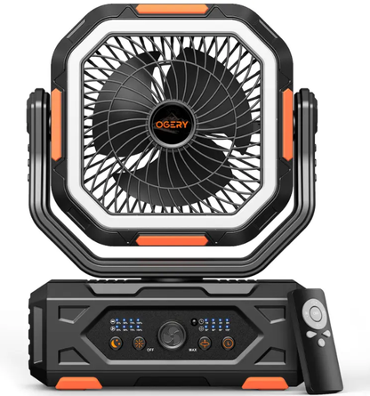 30000mAh Rechargeable Camping Fan with LED Lights, 270° Pivot & Remote Control – Portable Shaking Head Desk Fan for Tent, Travel, Home & Outdoor Use