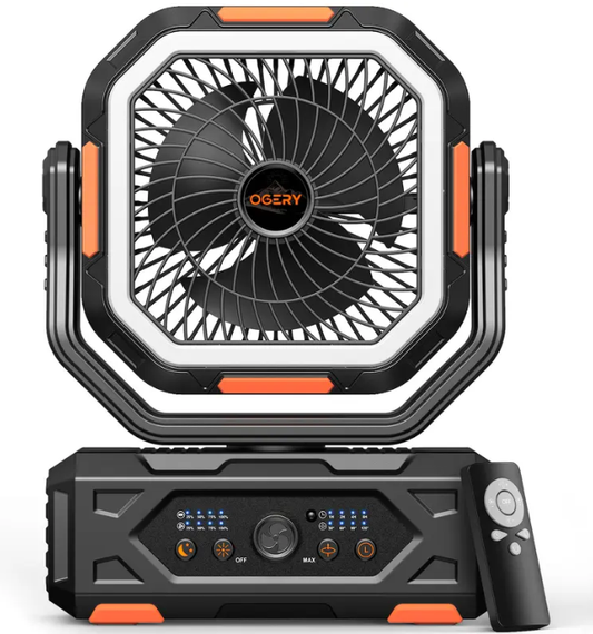 30000mAh Rechargeable Camping Fan with LED Lights, 270° Pivot & Remote Control – Portable Shaking Head Desk Fan for Tent, Travel, Home & Outdoor Use