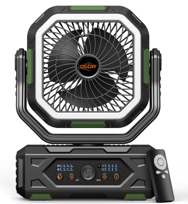 30000mAh Rechargeable Camping Fan with LED Lights, 270° Pivot & Remote Control – Portable Shaking Head Desk Fan for Tent, Travel, Home & Outdoor Use
