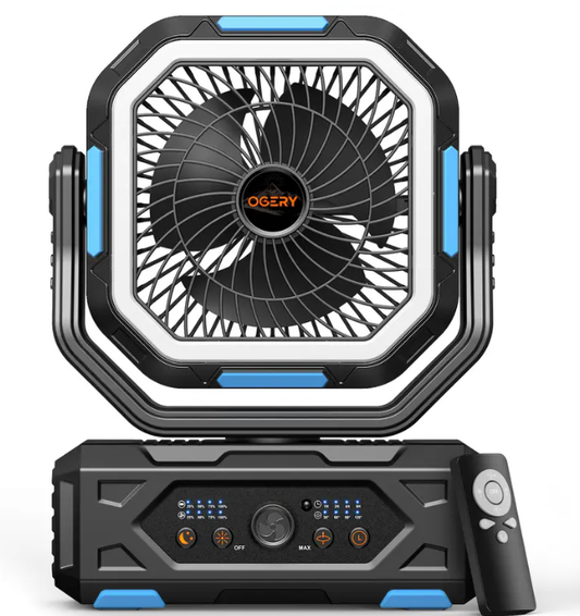 30000mAh Rechargeable Camping Fan with LED Lights, 270° Pivot & Remote Control – Portable Shaking Head Desk Fan for Tent, Travel, Home & Outdoor Use