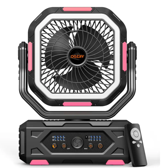 30000mAh Rechargeable Camping Fan with LED Lights, 270° Pivot & Remote Control – Portable Shaking Head Desk Fan for Tent, Travel, Home & Outdoor Use