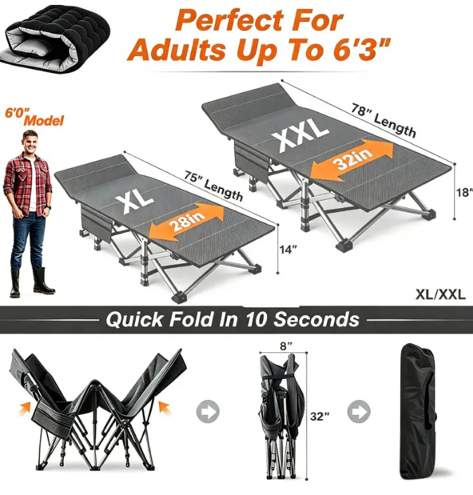 Heavy Duty XXL Folding Cot with Mattress & Carry Bag – Portable Guest Bed for Camping, Hiking, Travel & Office Naps