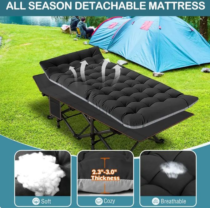Heavy Duty XXL Folding Cot with Mattress & Carry Bag – Portable Guest Bed for Camping, Hiking, Travel & Office Naps